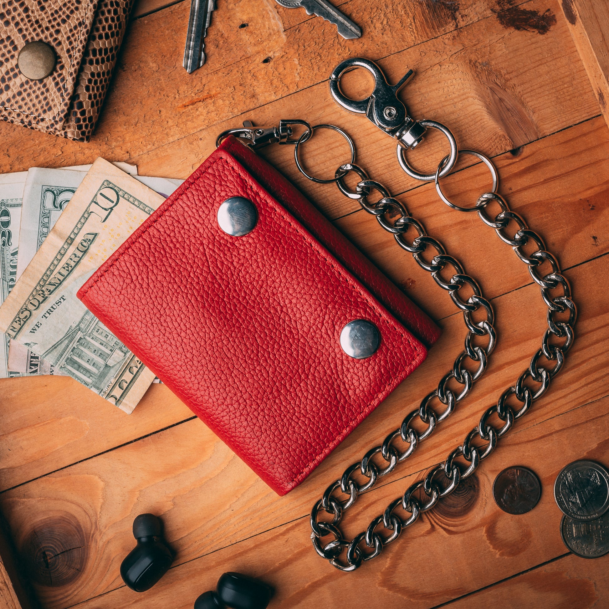 Chain Wallet RFID Safe Leather Red Trifold Chain Wallet for Men Christmas &  Valentine Day Gift for Him
