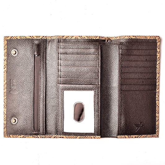 RFID Long Tri-fold Leather Wallet Snap Closer Cobra Brown