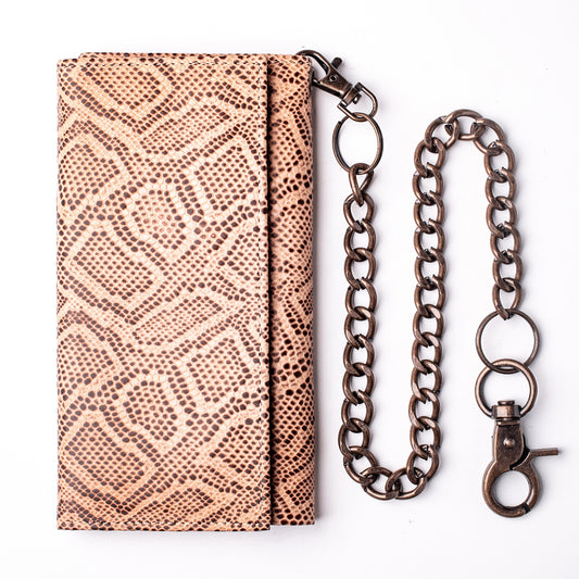 Men's RFID Blocking Tri-fold Long Style Cobra  Chain Wallet with Snap Closer