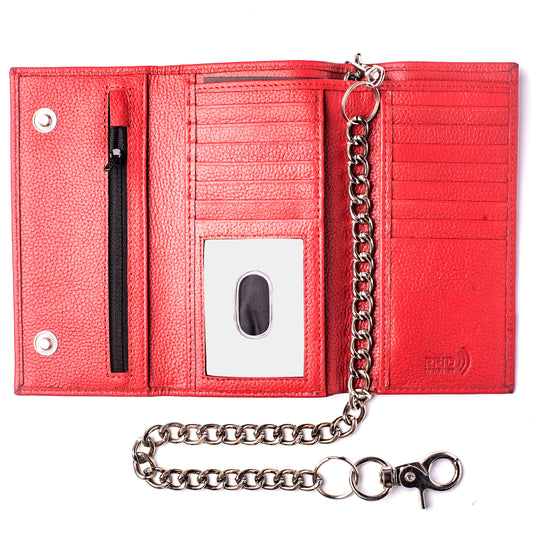 Trifold red leather wallet