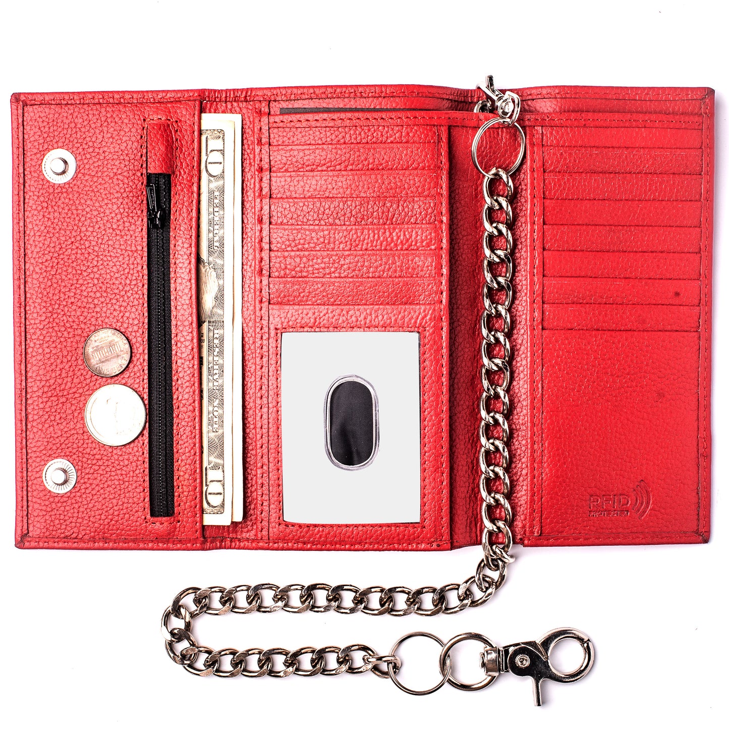 Trifold checkbook chain Red leather wallet