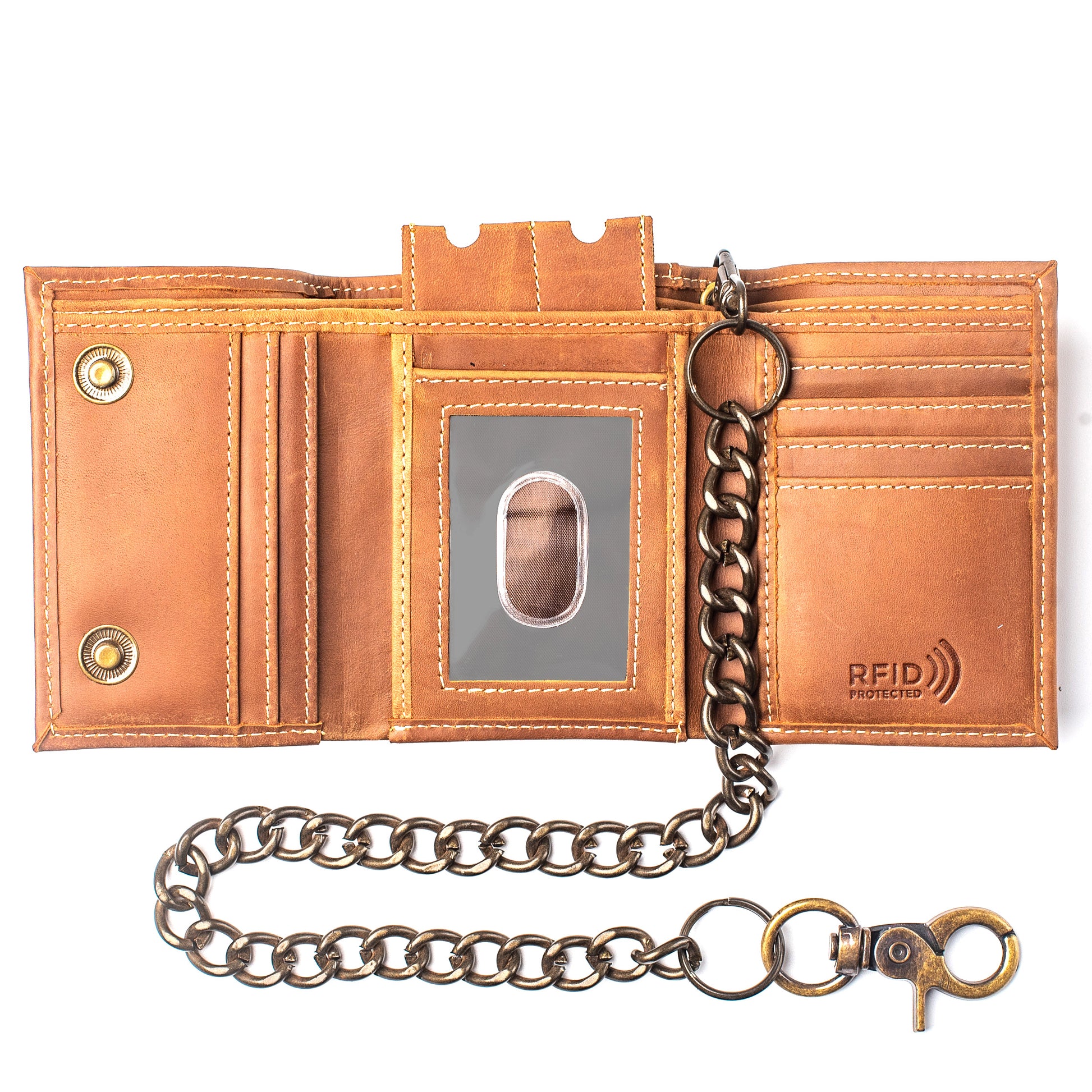 RFID-Safe Men's Leather Chain Wallet 18 | Trifold Biker Style
