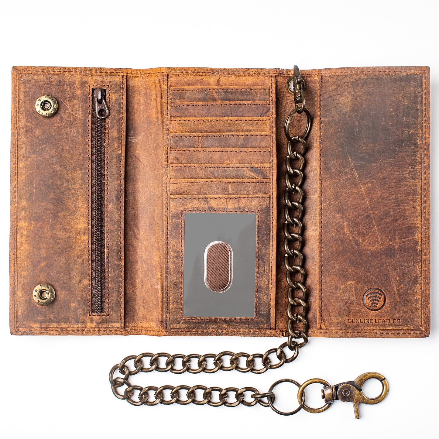 Chain Wallet Checkbook Size RFID Safe Leather Long Tri-fold Crazy Horse Rustic Brown with Chain J312