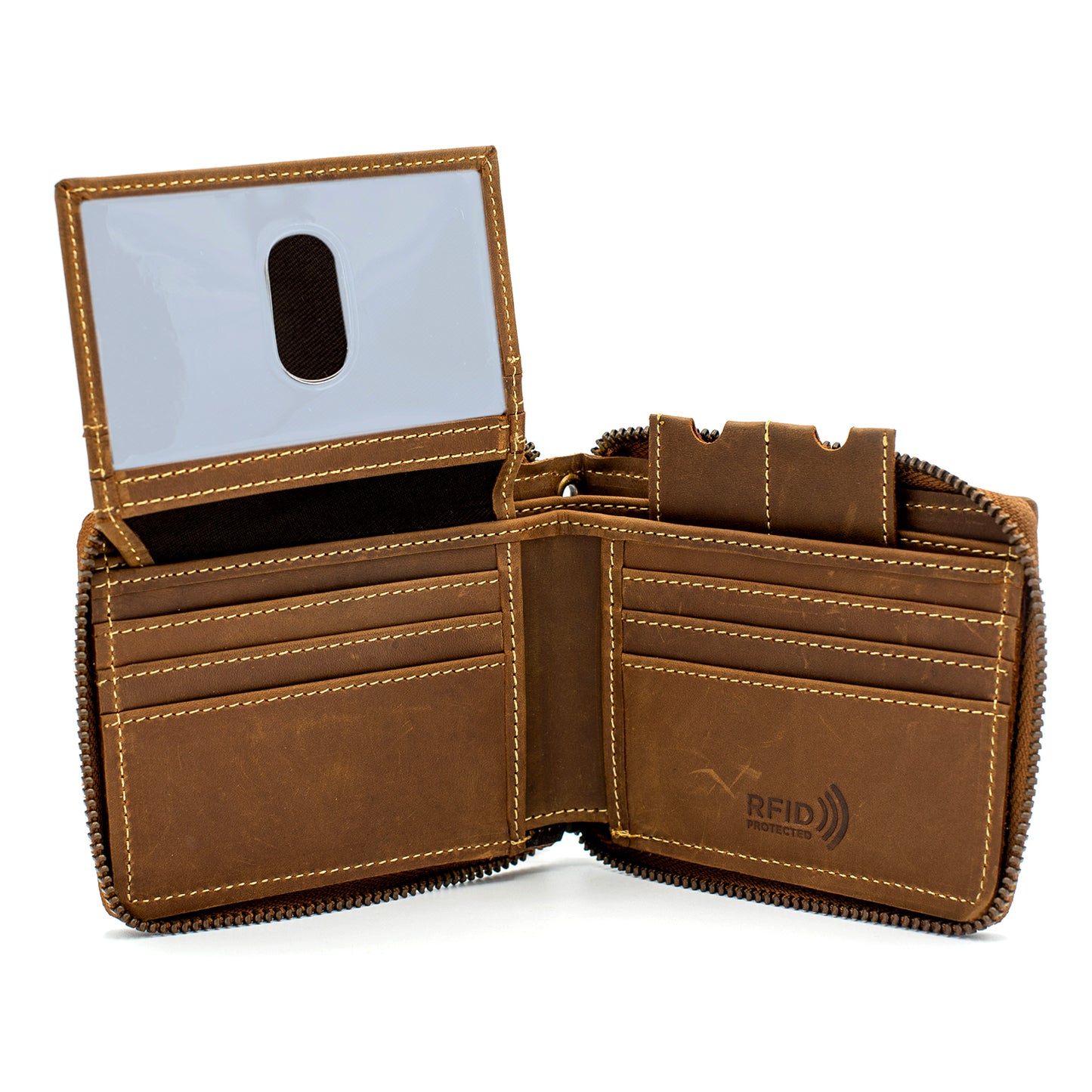 Zip Around Bi-fold Leather Wallet for Men RFID safe