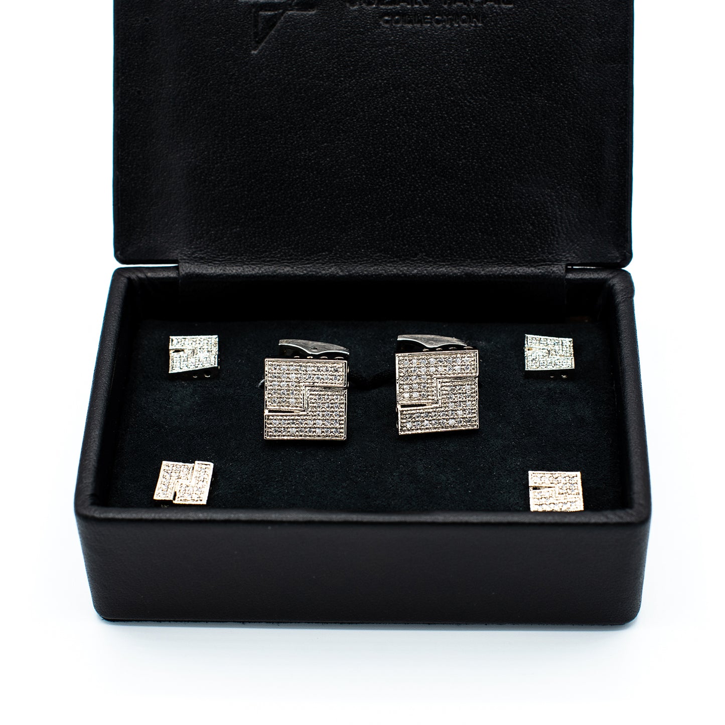 Tuxedo Shirt Studs Cufflinks Set For Men Handcrafted 21k white Gold Rhodium Plated