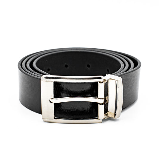 Genuine leather dress belts for men, black formal belt with chrome buckle, showcasing premium quality design.