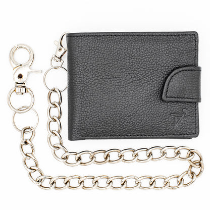 RFID Safe Biker’s Leather Bifold Chain Wallet With Snap Closure Key Holder And Clear Flip Window ID – J522 WC