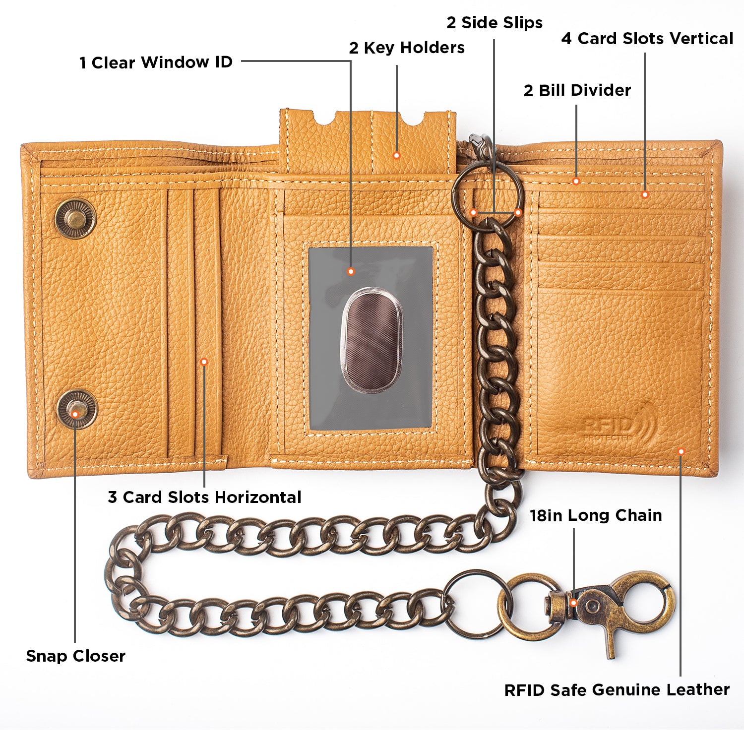 Chain Wallets for Men Genuine Leather RFID Blocking Bifold Wallets