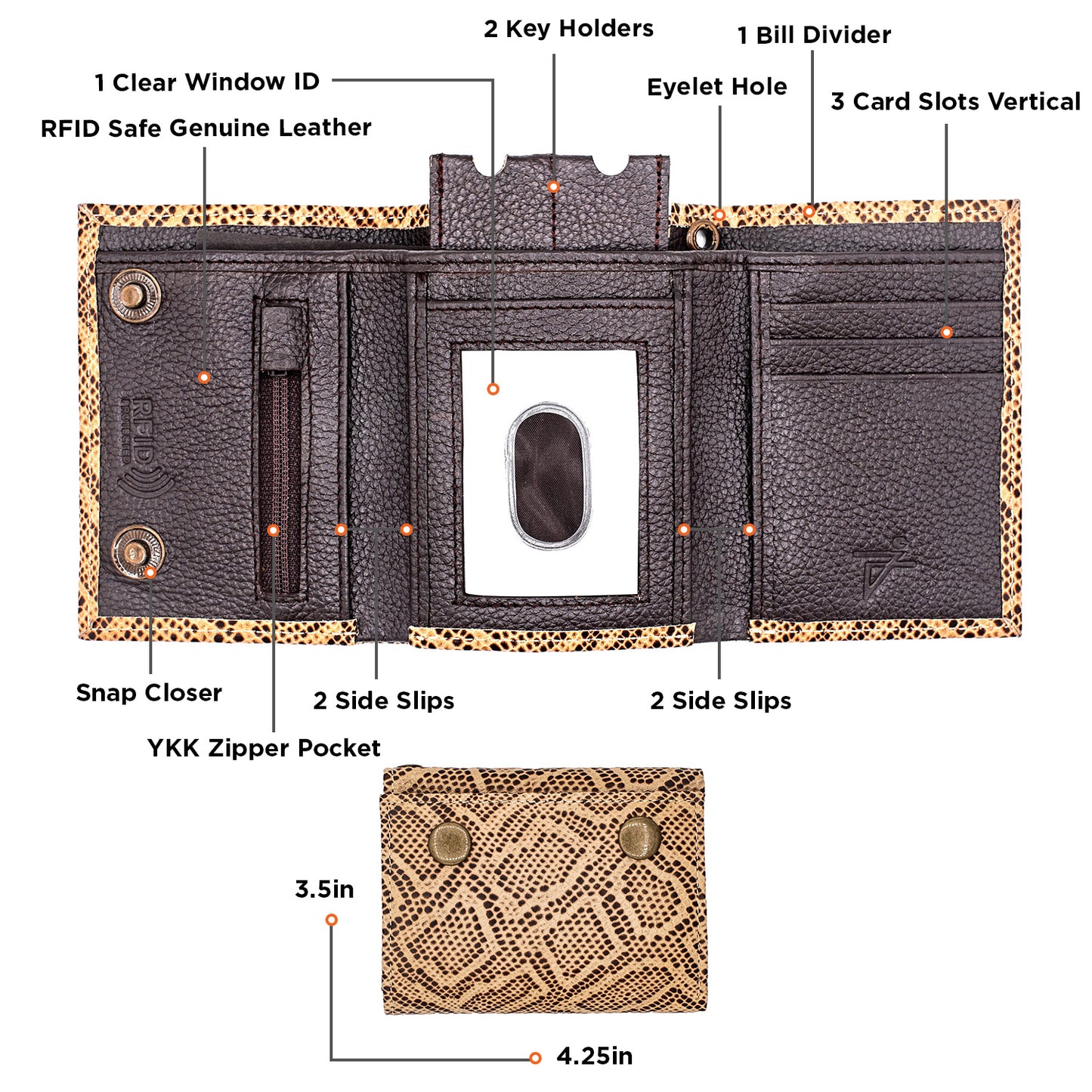 Trifold RFID Safe Leather Brown Cobra Chain Hole Wallet for Men With Key Holder And Zipper Pocket Inside