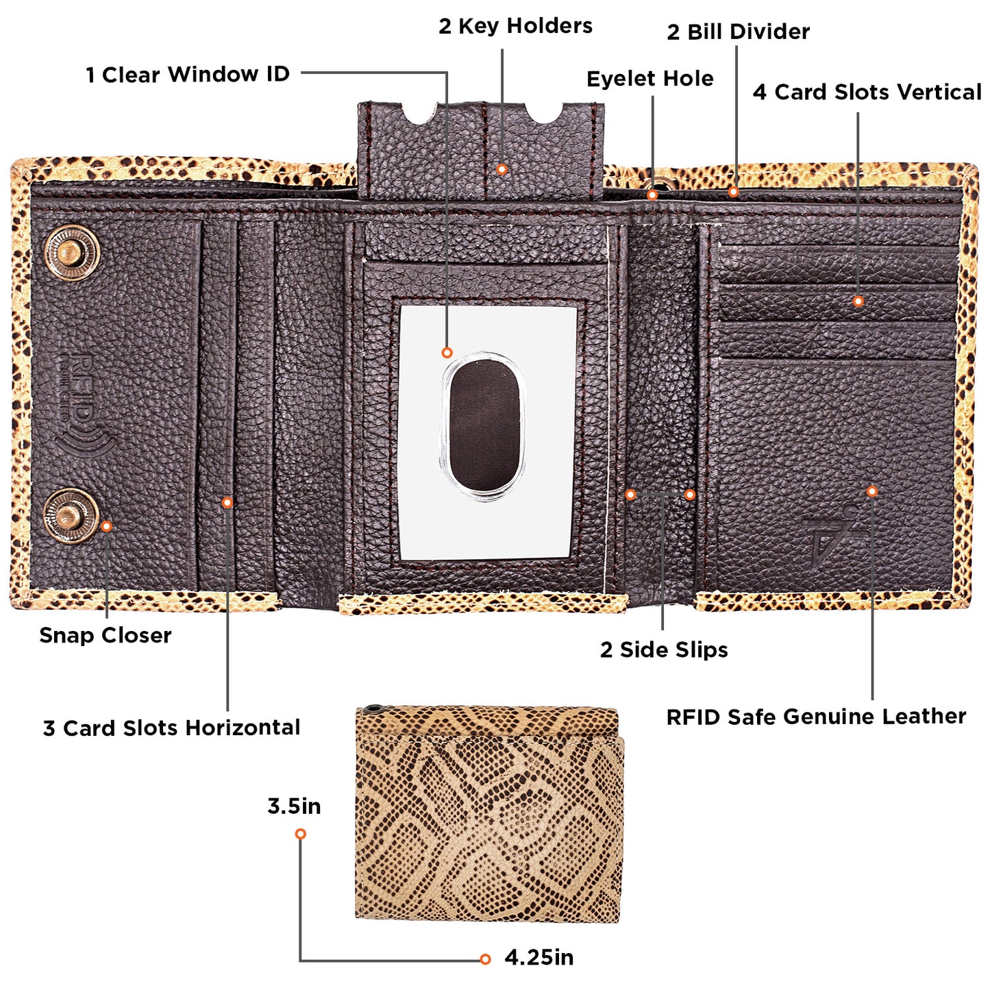Trifold Leather Wallet for Men with Snap Gift for Him RFID safe- Snake Cobra Brown Model : J112 HO