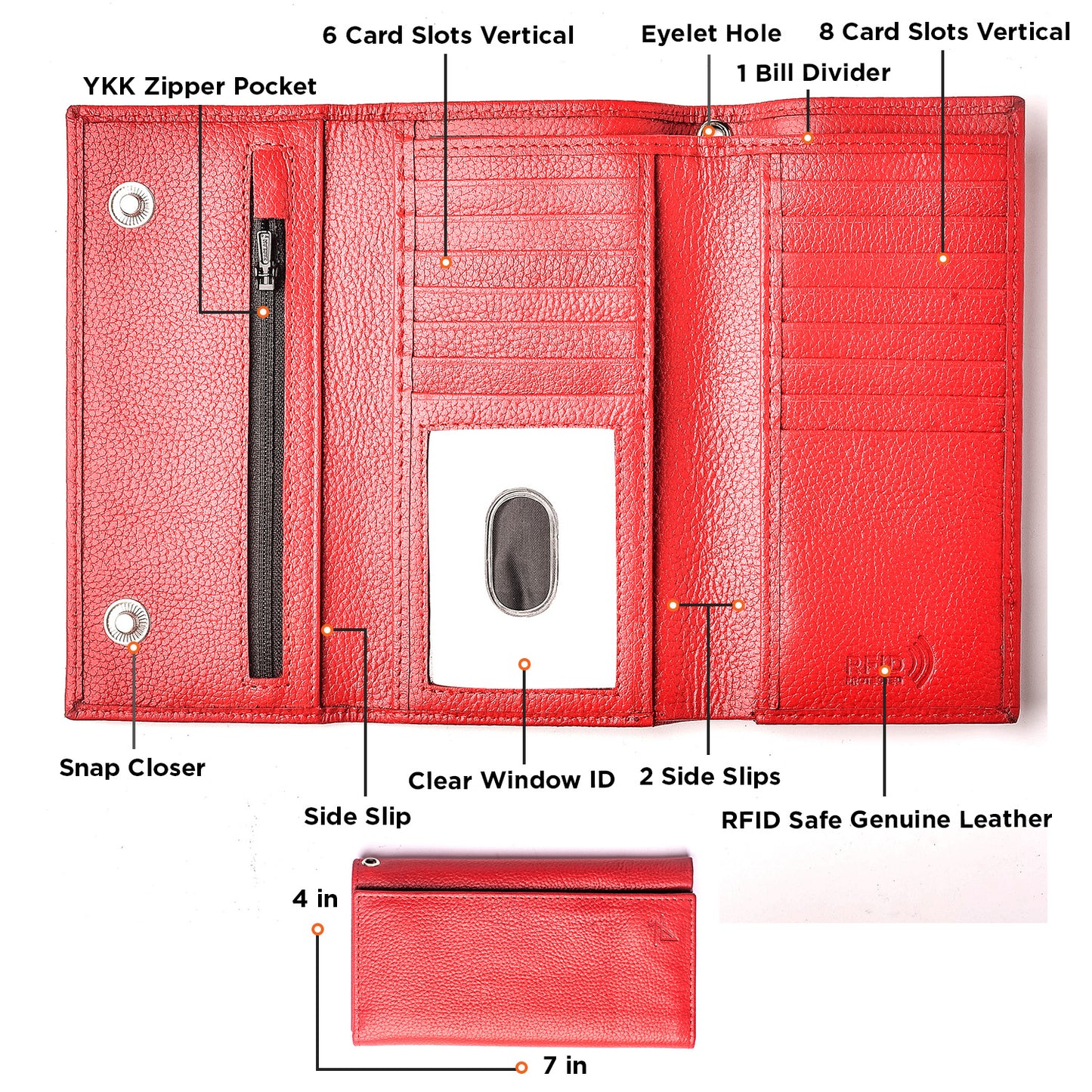 Men's RFID Blocking Tri-fold Long Style Red Eyelet Hole Wallet Model : J212C-HO
