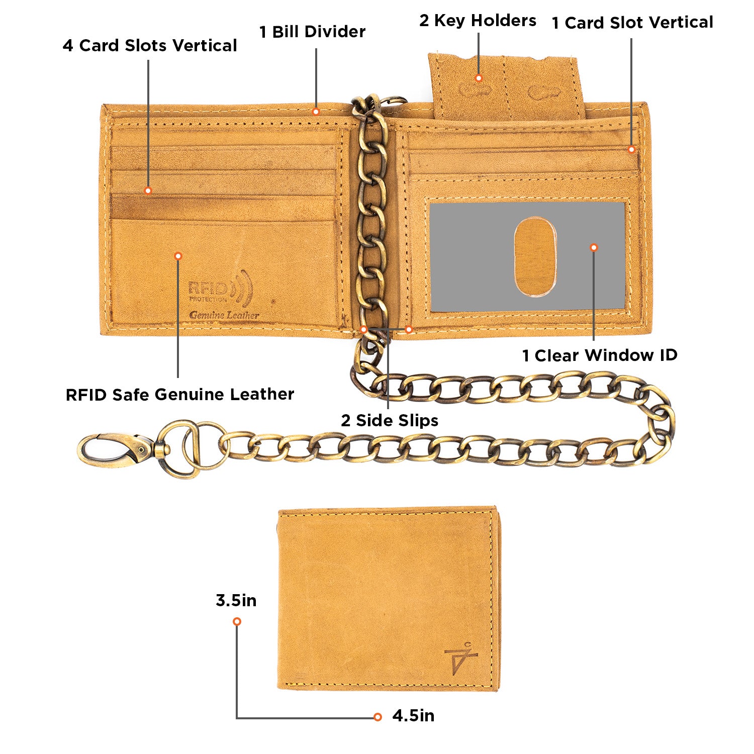 J.T.C Juzar Tapal Collection RFID Safe Biker Khaki Tan Leather Slim Bi-Fold Chain Wallet for Men J520, Men's, Size: 4.5 x 3.5, Beige