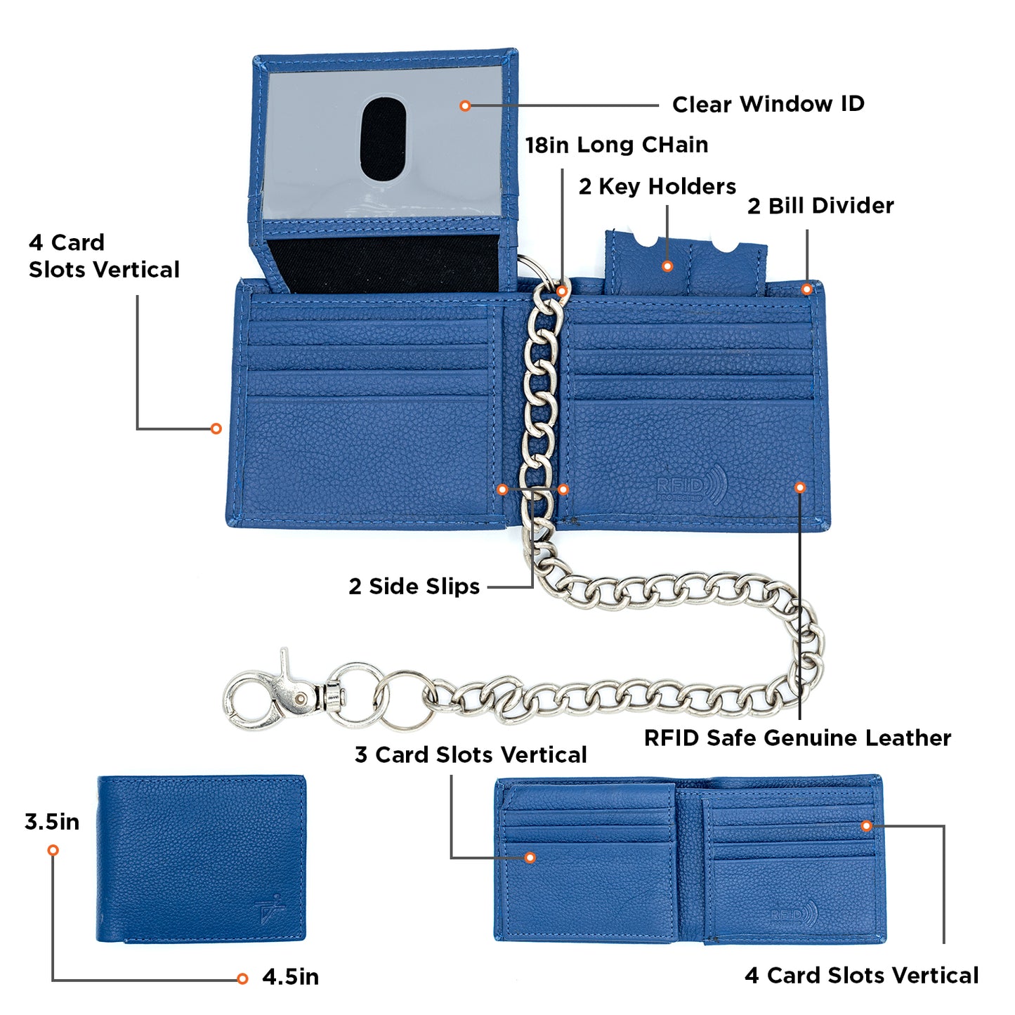 RFID Safe Leather Bi-fold Chain Wallet for Biker's Flip up Thumb ID -J521 WC