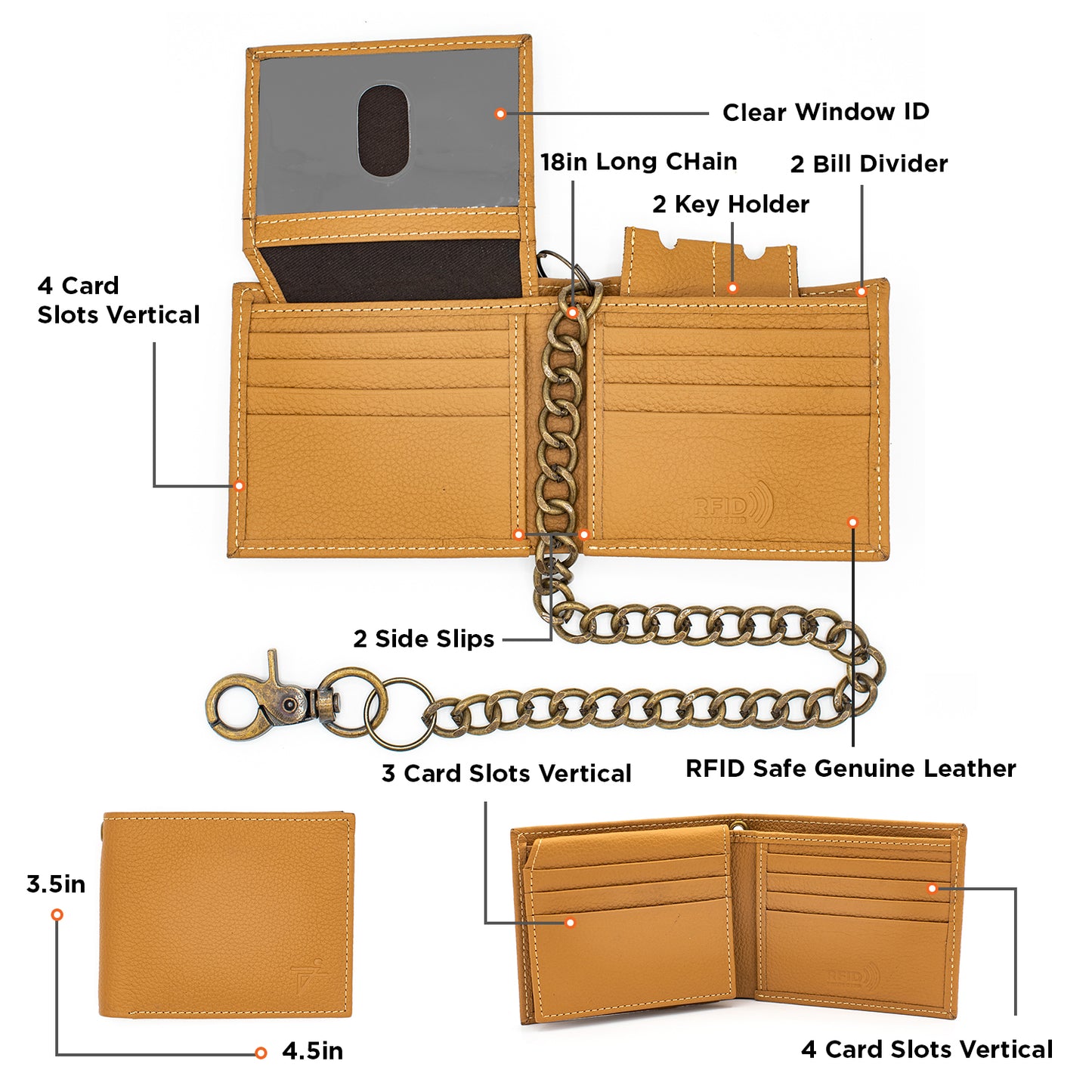 RFID Safe Leather Bi-fold Chain Wallet for Biker's Flip up Thumb ID -J521 WC