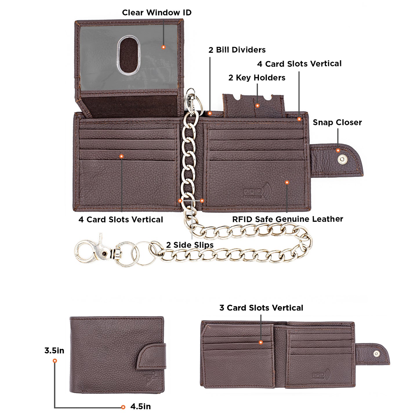 Leather Bifold Chain Wallet With Popper closure
