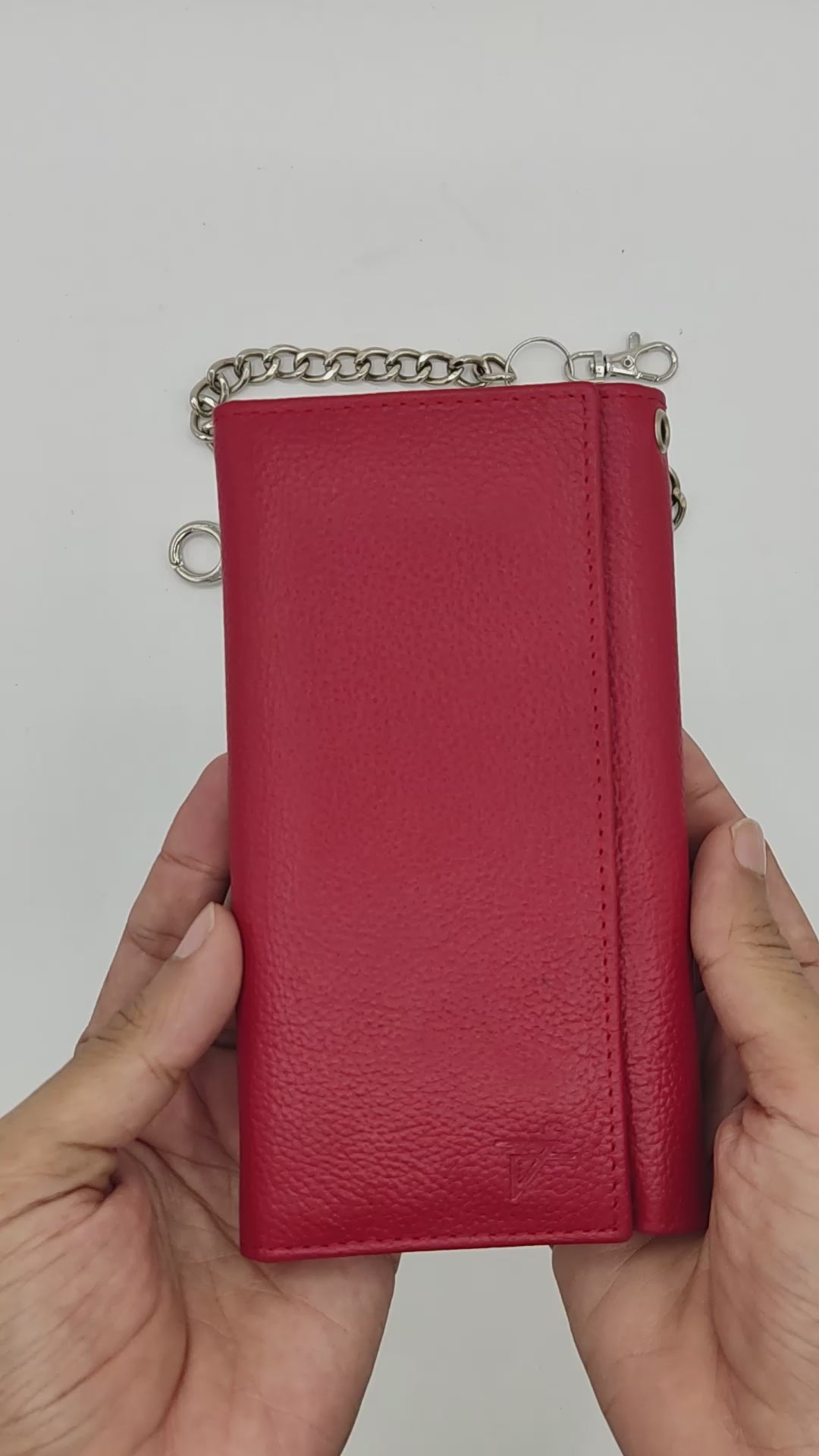 Men's RFID Blocking Tri-fold Long Style Red Chain Wallet with Snap Clo
