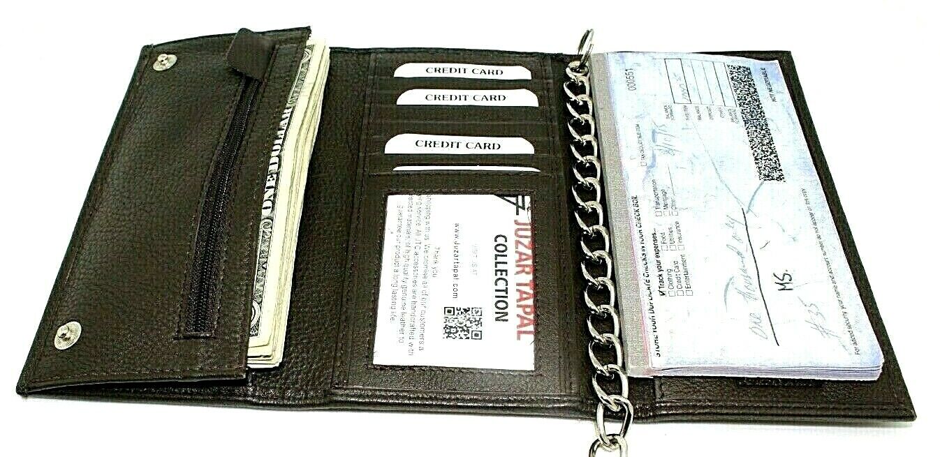 Biker Tri-Fold Leather RFID Safe Long Checkbook Trifold Chain Wallet f